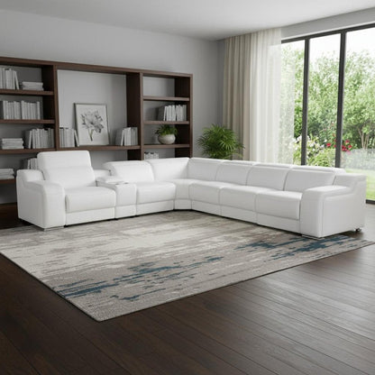 White Italian leather 4 power reclining seats L shaped Seven Piece Corner Sectional With Console HomeRoots