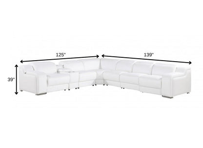 White Italian leather 4 power reclining seats L shaped Seven Piece Corner Sectional With Console HomeRoots