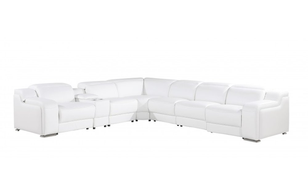 White Italian leather 4 power reclining seats L shaped Seven Piece Corner Sectional With Console — view 5