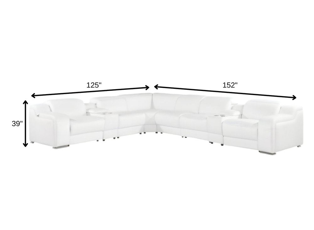 White Italian Leather 3 Power Reclining L Shaped Eight Piece Corner Sectional With Console HomeRoots