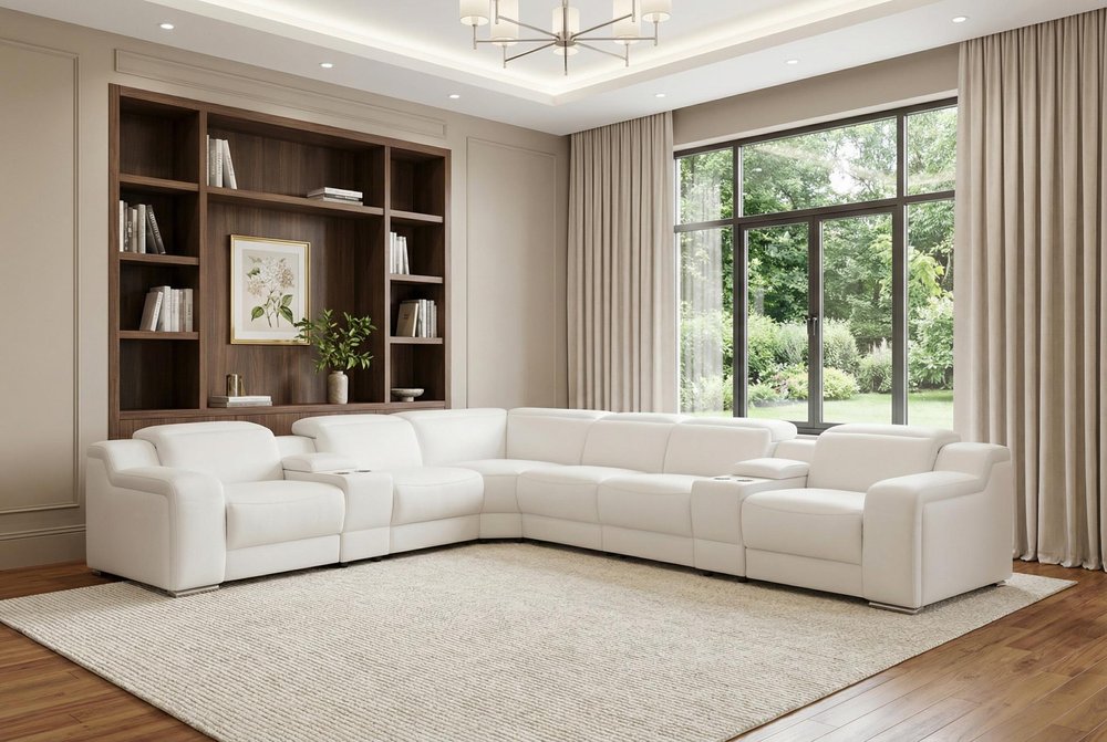 White Italian Leather 3 Power Reclining L Shaped Eight Piece Corner Sectional With Console HomeRoots