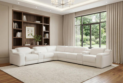 White Italian Leather 3 Power Reclining L Shaped Eight Piece Corner Sectional With Console HomeRoots