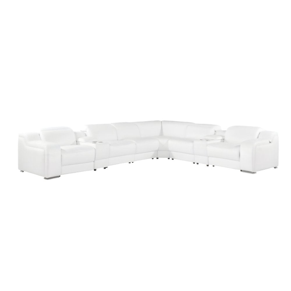 White Italian Leather 3 Power Reclining L Shaped Eight Piece Corner Sectional With Console HomeRoots