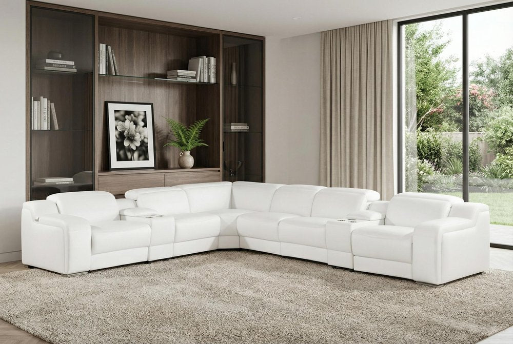 White Italian Leather 4 Power Reclining L Shaped Eight Piece Corner Sectional With Console HomeRoots