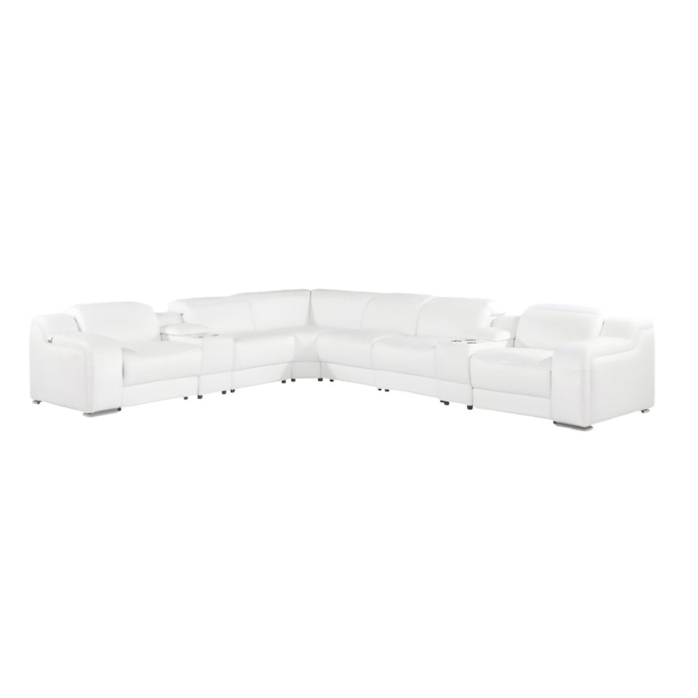 White Italian Leather 4 Power Reclining L Shaped Eight Piece Corner Sectional With Console HomeRoots