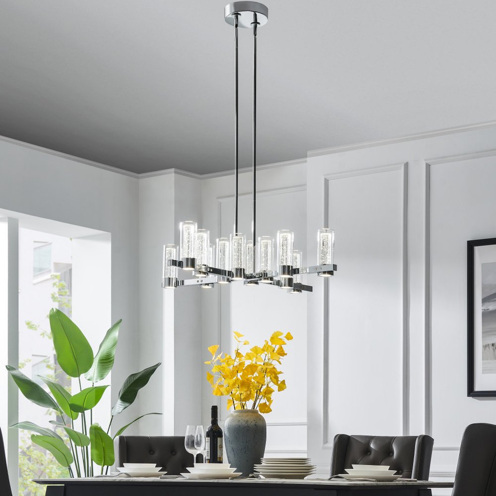 Silver And Clear Candle Style Twelve Light Transparent Metal LED Dimmable Chandelier With Clear Shades HomeRoots