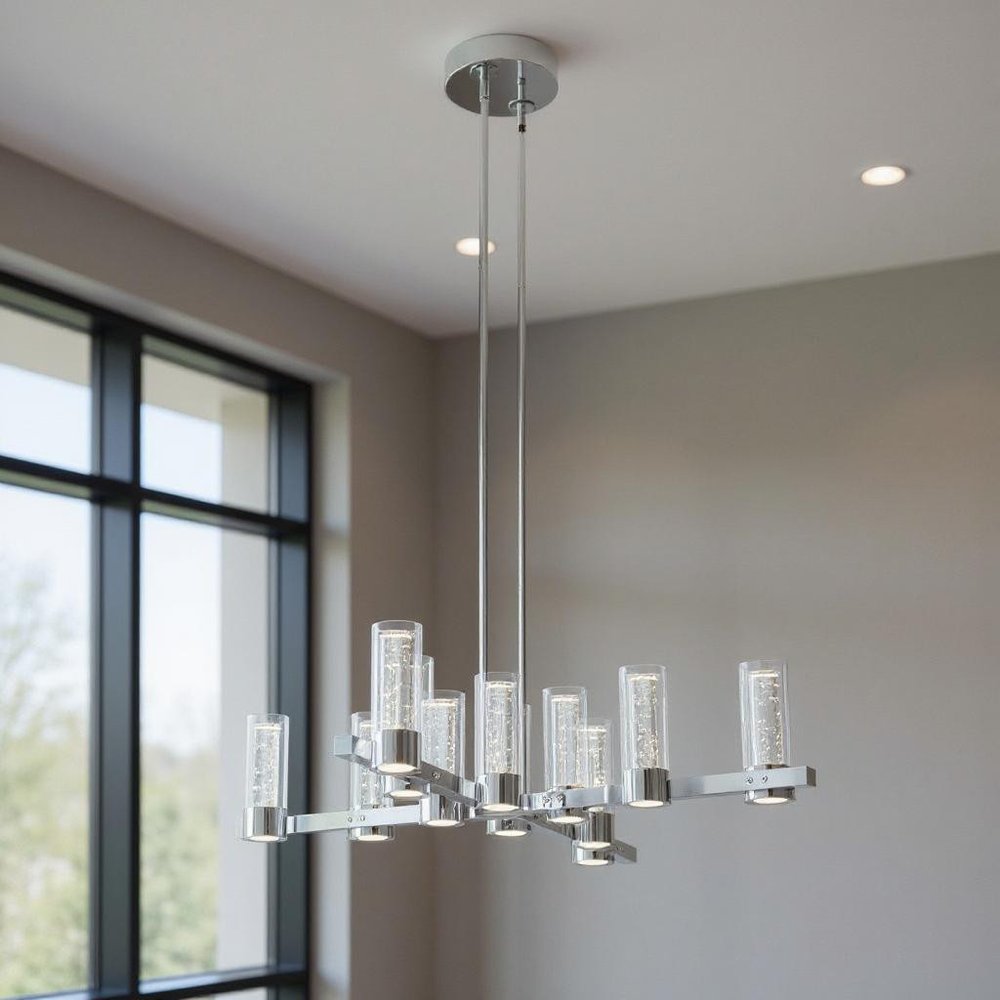 Silver And Clear Candle Style Twelve Light Transparent Metal LED Dimmable Chandelier With Clear Shades HomeRoots
