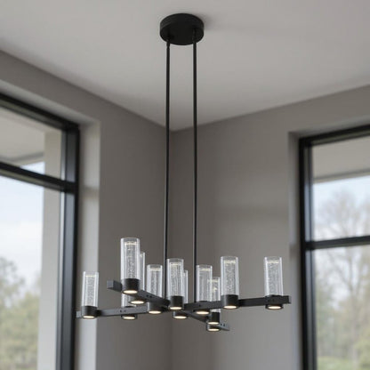 Black And Clear Candle Style Twelve Light Transparent Metal LED Dimmable Chandelier With Clear Shades HomeRoots