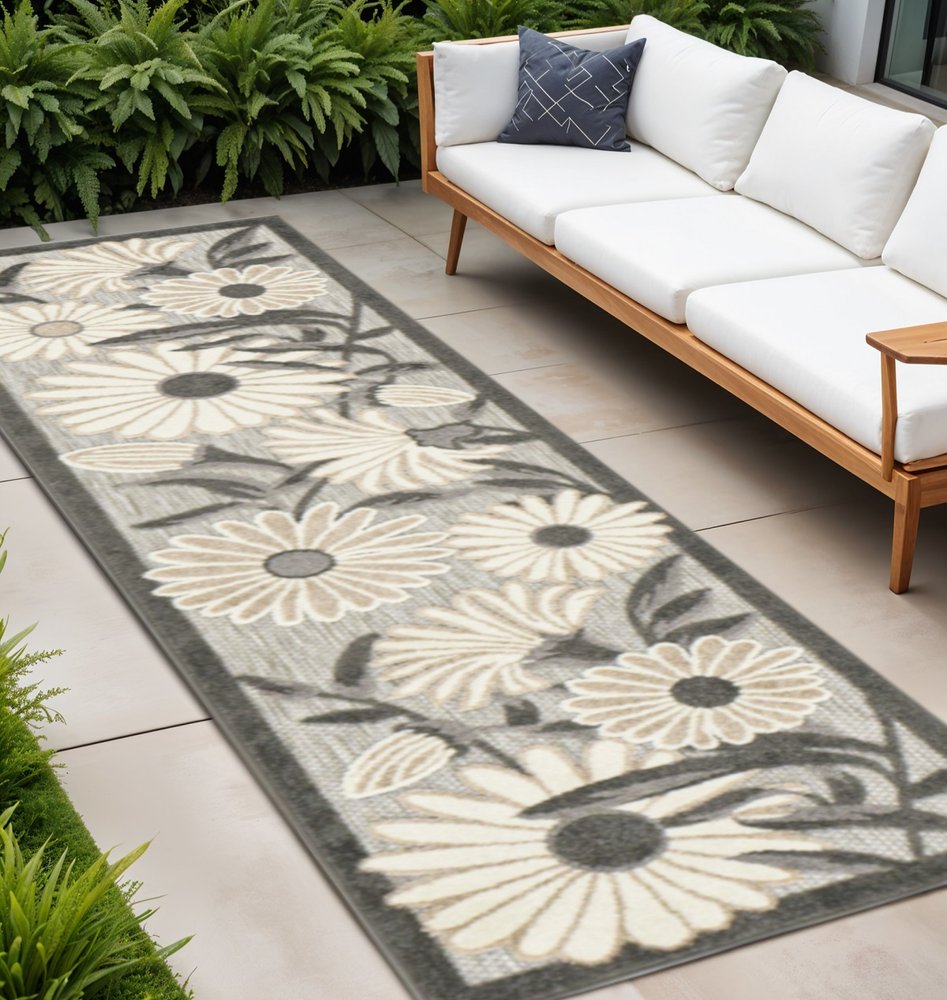 12' Beige And Charcoal Floral Indoor Outdoor Runner Rug — view 4