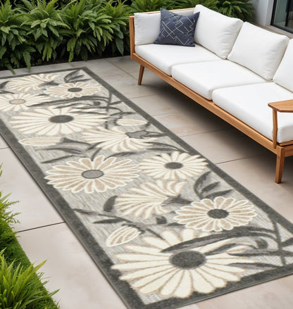 12' Beige And Charcoal Floral Indoor Outdoor Runner Rug HomeRoots