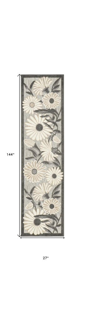 12' Beige And Charcoal Floral Indoor Outdoor Runner Rug — view 2