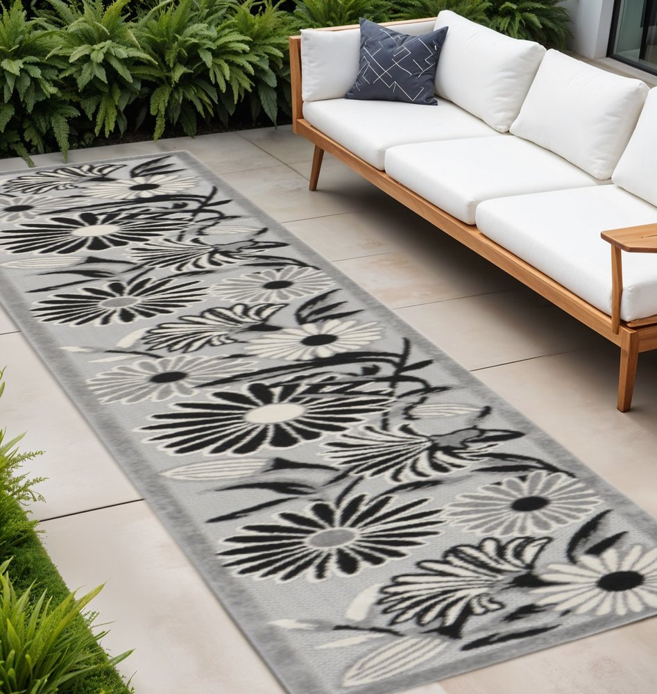 8' Black And White Floral Indoor Outdoor Runner Rug HomeRoots