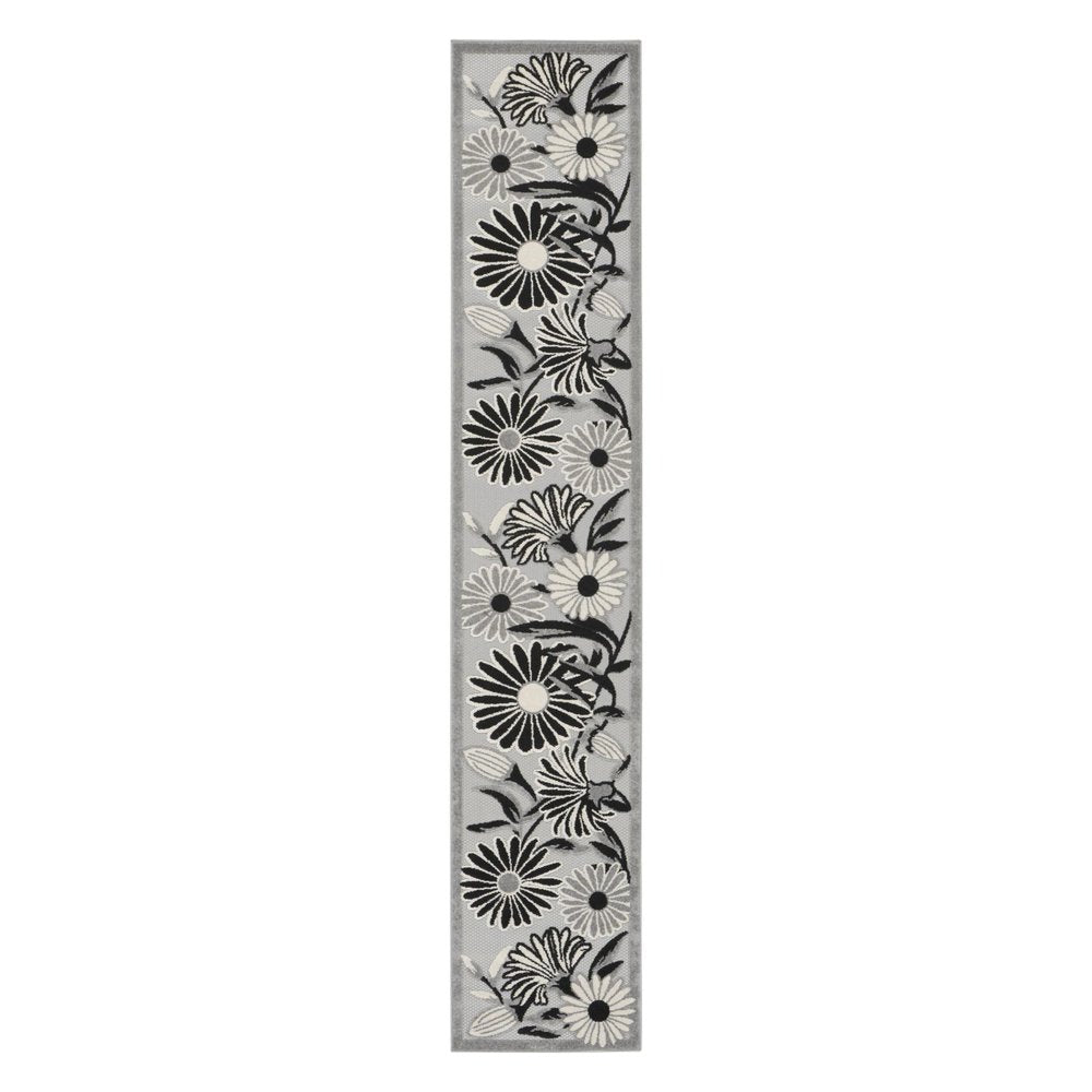 8' Black And White Floral Indoor Outdoor Runner Rug — view 10