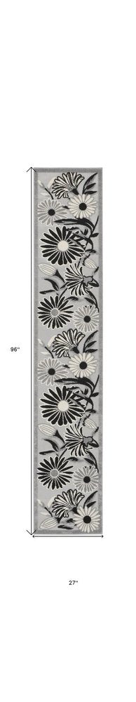 8' Black And White Floral Indoor Outdoor Runner Rug HomeRoots