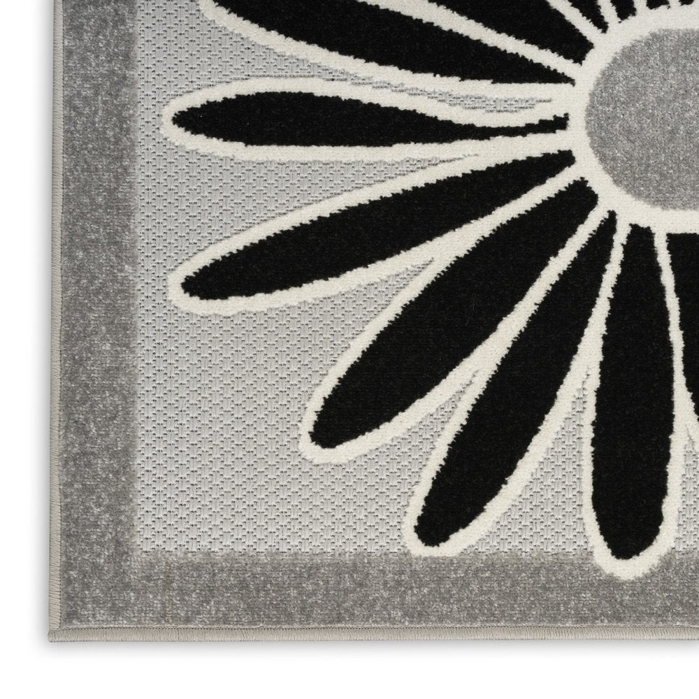 8' Black And White Floral Indoor Outdoor Runner Rug — view 6