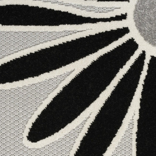 8' Black And White Floral Indoor Outdoor Runner Rug