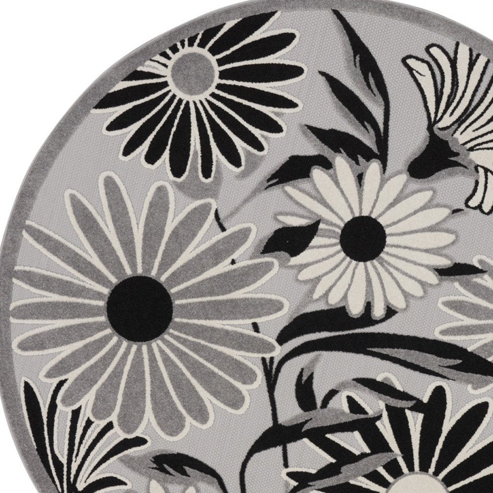 5' Black And White Round Floral Indoor Outdoor Area Rug — view 2