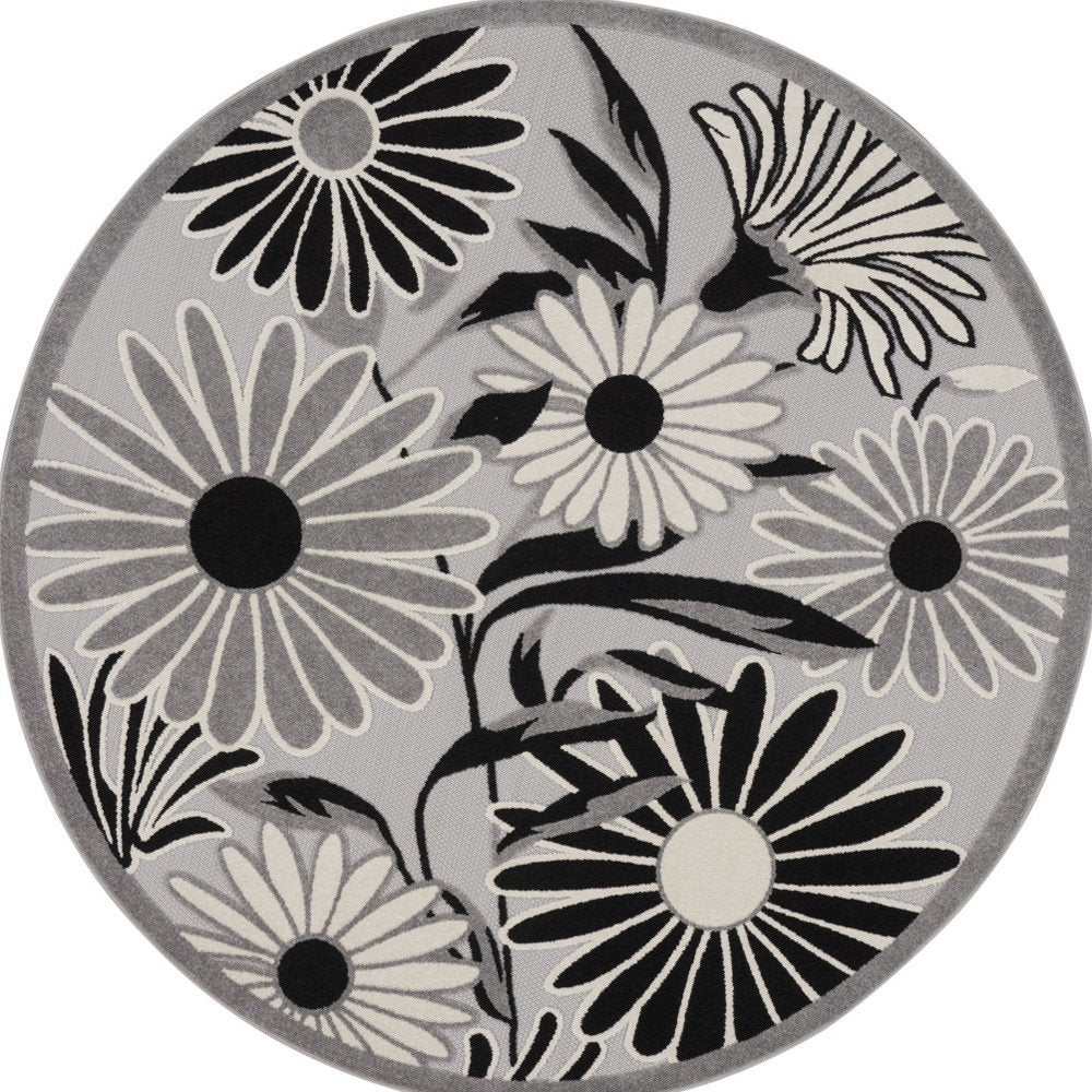 5' Black And White Round Floral Indoor Outdoor Area Rug — view 3
