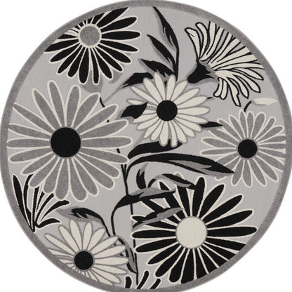 5' Black And White Round Floral Indoor Outdoor Area Rug