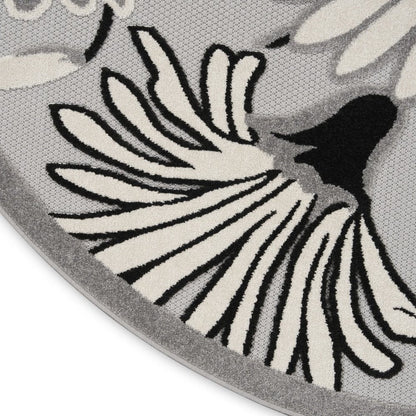 5' Black And White Round Floral Indoor Outdoor Area Rug