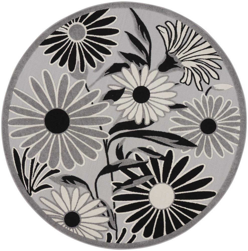 5' Black And White Round Floral Indoor Outdoor Area Rug HomeRoots