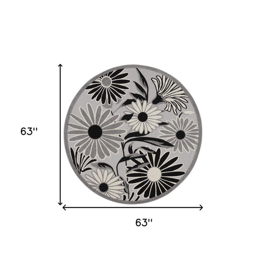 5' Black And White Round Floral Indoor Outdoor Area Rug