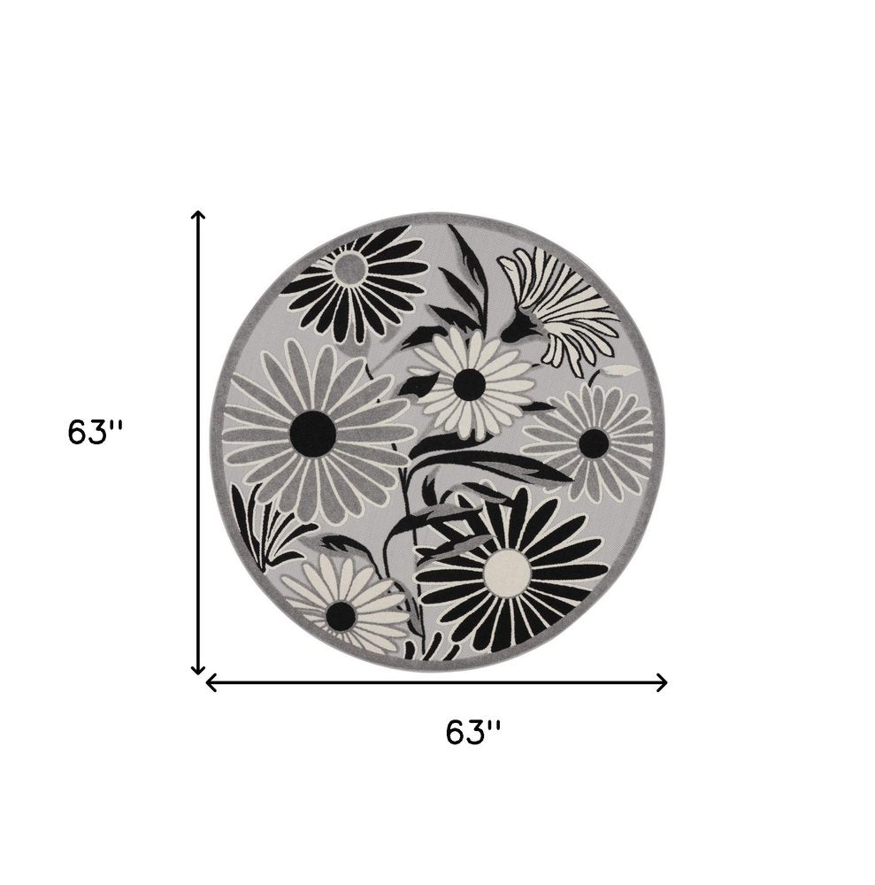 5' Black And White Round Floral Indoor Outdoor Area Rug — view 1
