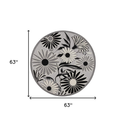 5' Black And White Round Floral Indoor Outdoor Area Rug