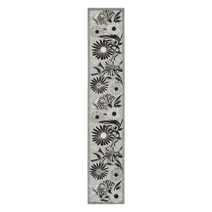12' Black And White Floral Indoor Outdoor Runner Rug