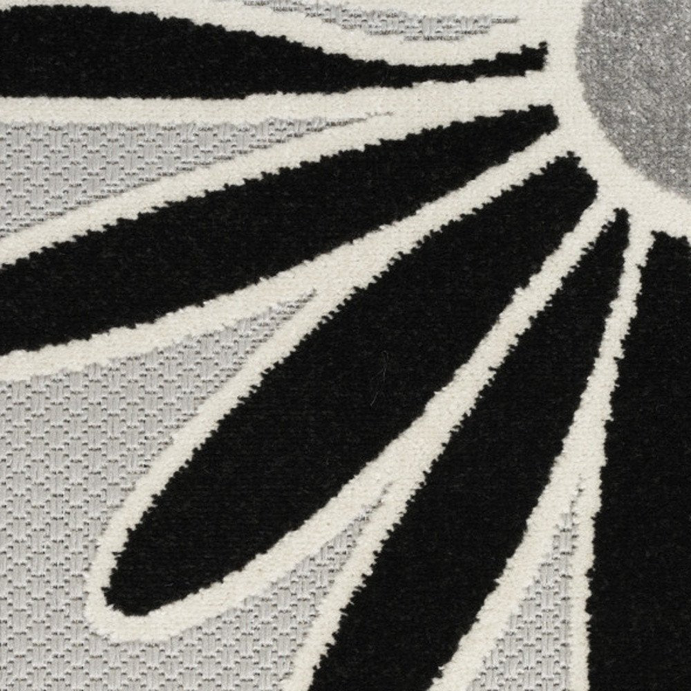 12' Black And White Floral Indoor Outdoor Runner Rug