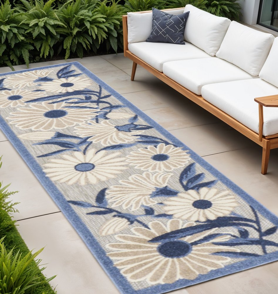 8' Blue And Gray Floral Indoor Outdoor Runner Rug — view 4