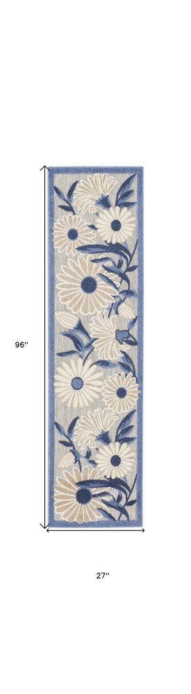 8' Blue And Gray Floral Indoor Outdoor Runner Rug HomeRoots