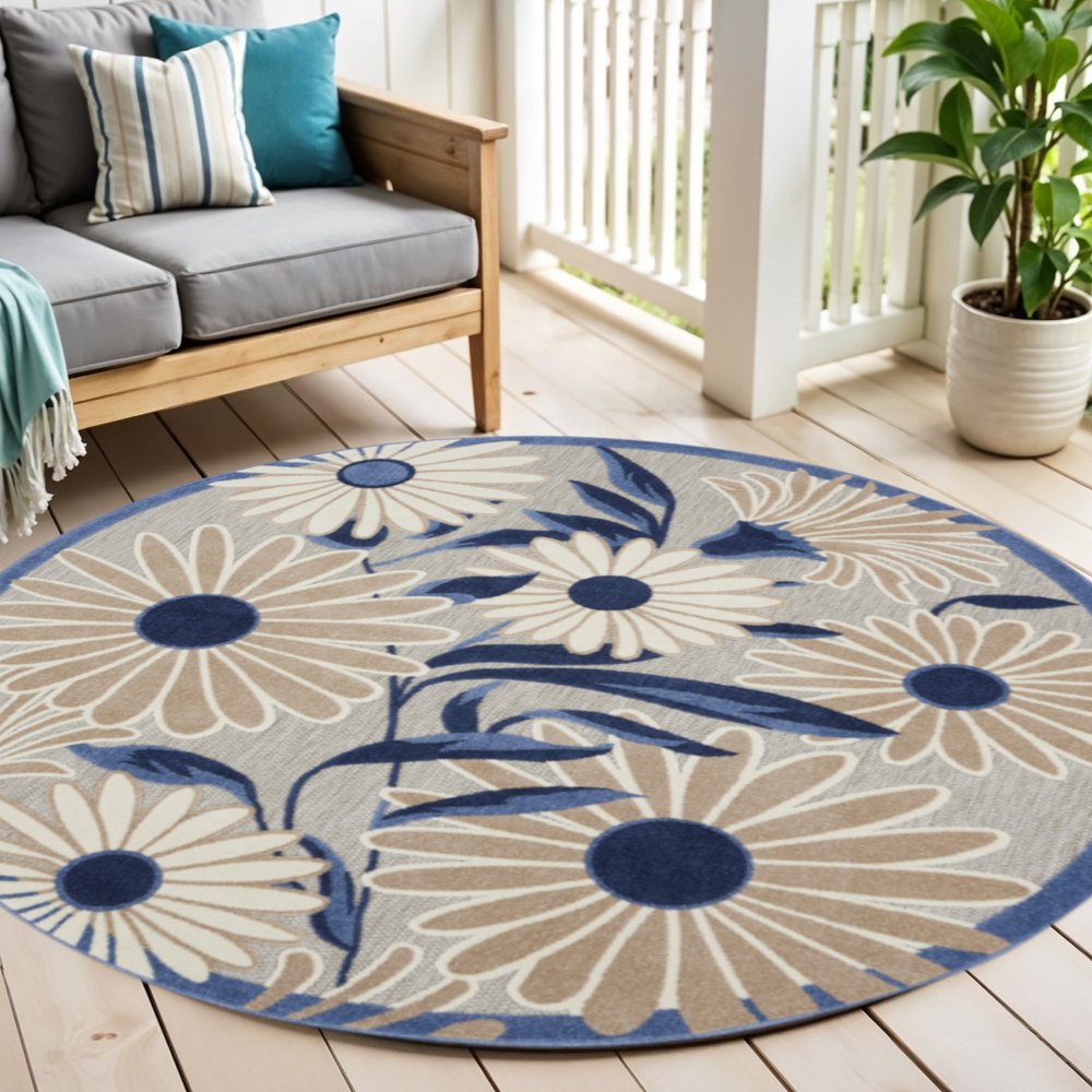 5' Blue And Gray Round Floral Indoor Outdoor Area Rug — view 4