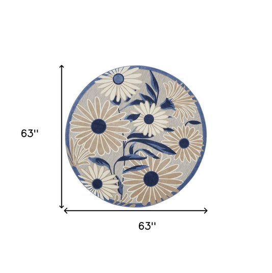 5' Blue And Gray Round Floral Indoor Outdoor Area Rug
