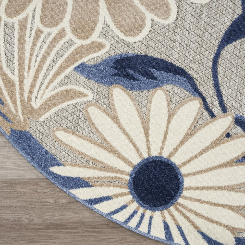 5' Blue And Gray Round Floral Indoor Outdoor Area Rug — view 10