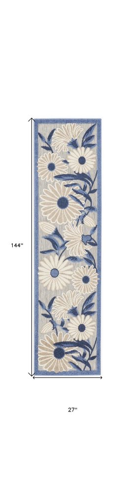12' Blue And Gray Floral Indoor Outdoor Runner Rug HomeRoots