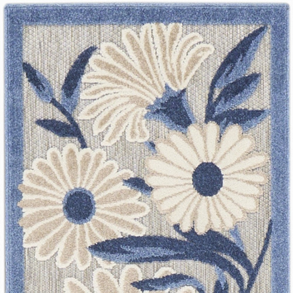 12' Blue And Gray Floral Indoor Outdoor Runner Rug — view 3