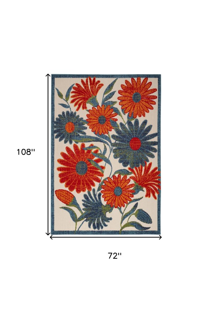 6' X 9' Ivory Blue Orange And Green Floral Indoor Outdoor Area Rug — view 1