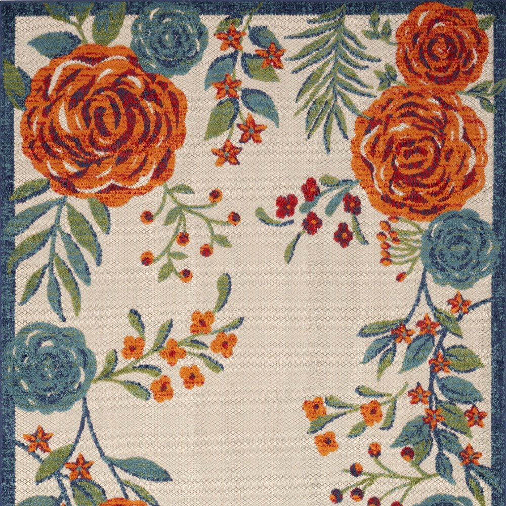 5' X 8' Ivory Blue Orange And Green Floral Indoor Outdoor Area Rug HomeRoots