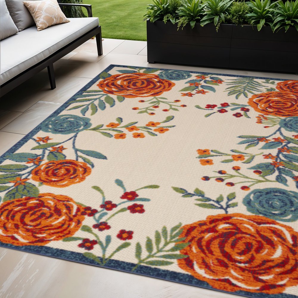 5' X 8' Ivory Blue Orange And Green Floral Indoor Outdoor Area Rug — view 15