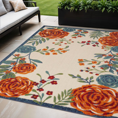 5' X 8' Ivory Blue Orange And Green Floral Indoor Outdoor Area Rug HomeRoots