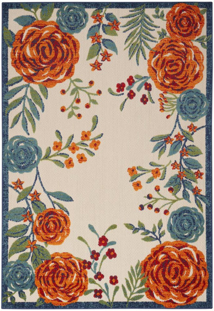 5' X 8' Ivory Blue Orange And Green Floral Indoor Outdoor Area Rug HomeRoots