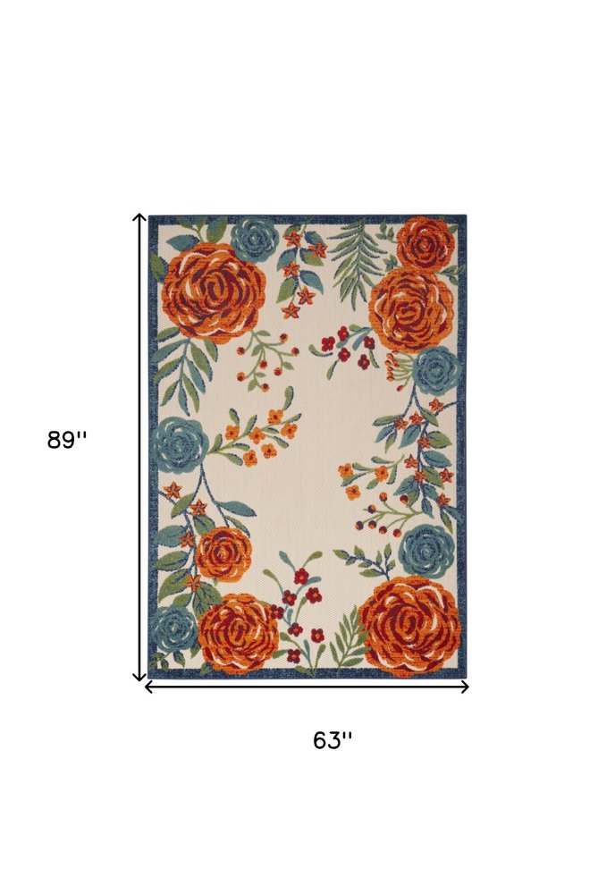 5' X 8' Ivory Blue Orange And Green Floral Indoor Outdoor Area Rug — view 1