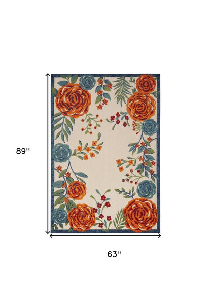 5' X 8' Ivory Blue Orange And Green Floral Indoor Outdoor Area Rug HomeRoots