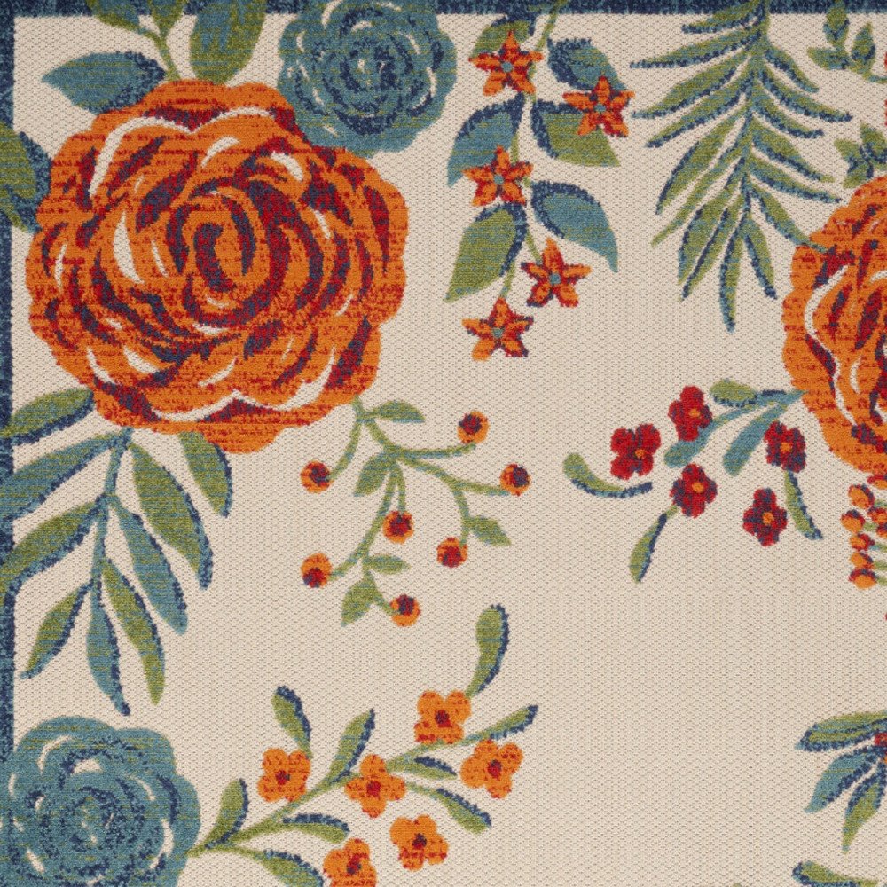 5' X 8' Ivory Blue Orange And Green Floral Indoor Outdoor Area Rug HomeRoots