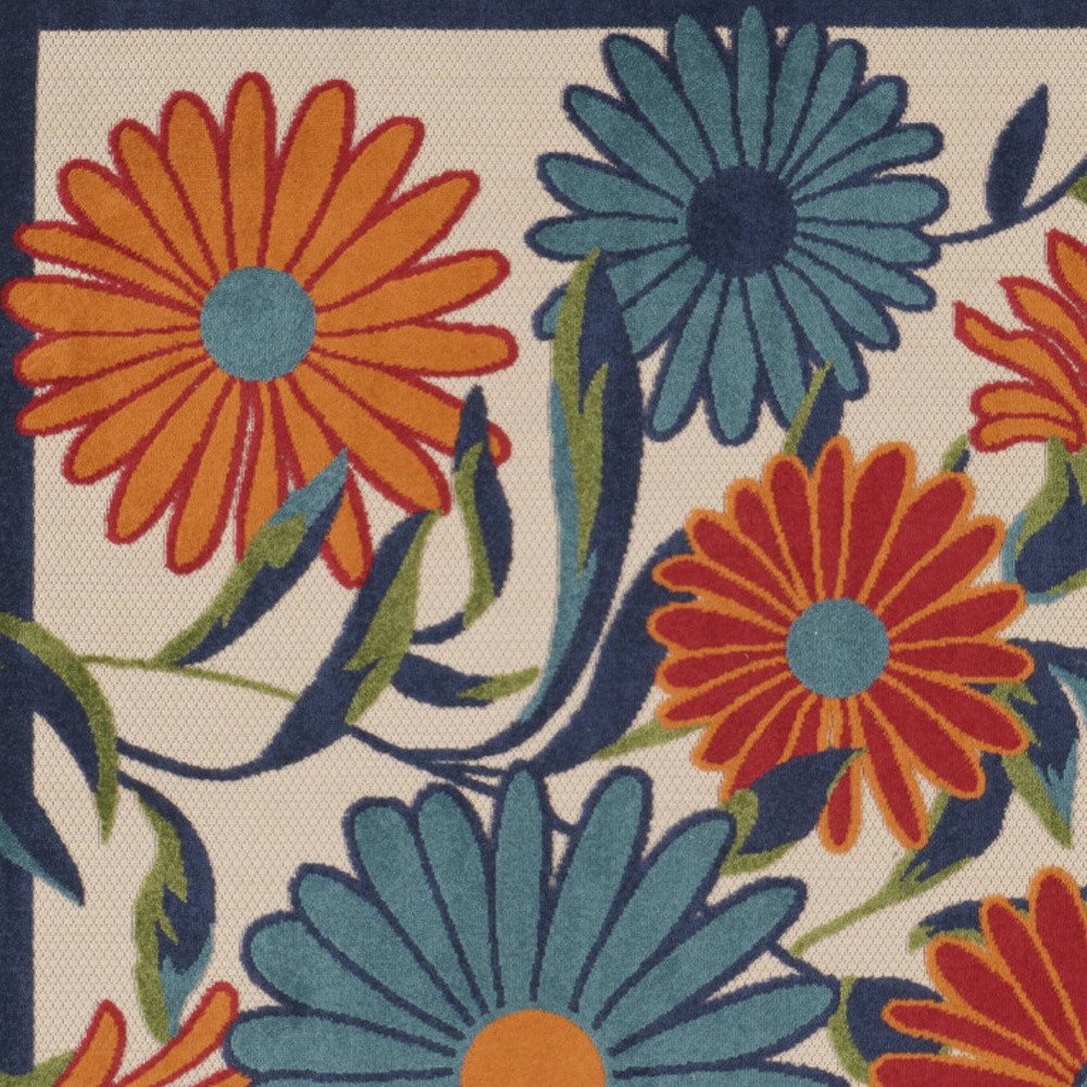 5' Ivory Blue And Orange Square Floral Indoor Outdoor Area Rug