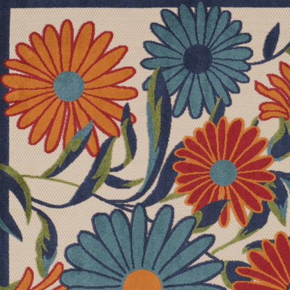 5' Ivory Blue And Orange Square Floral Indoor Outdoor Area Rug HomeRoots