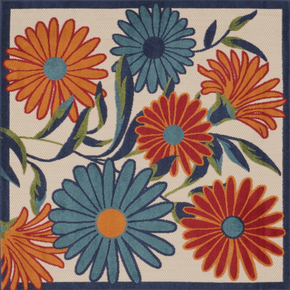 5' Ivory Blue And Orange Square Floral Indoor Outdoor Area Rug — view 3