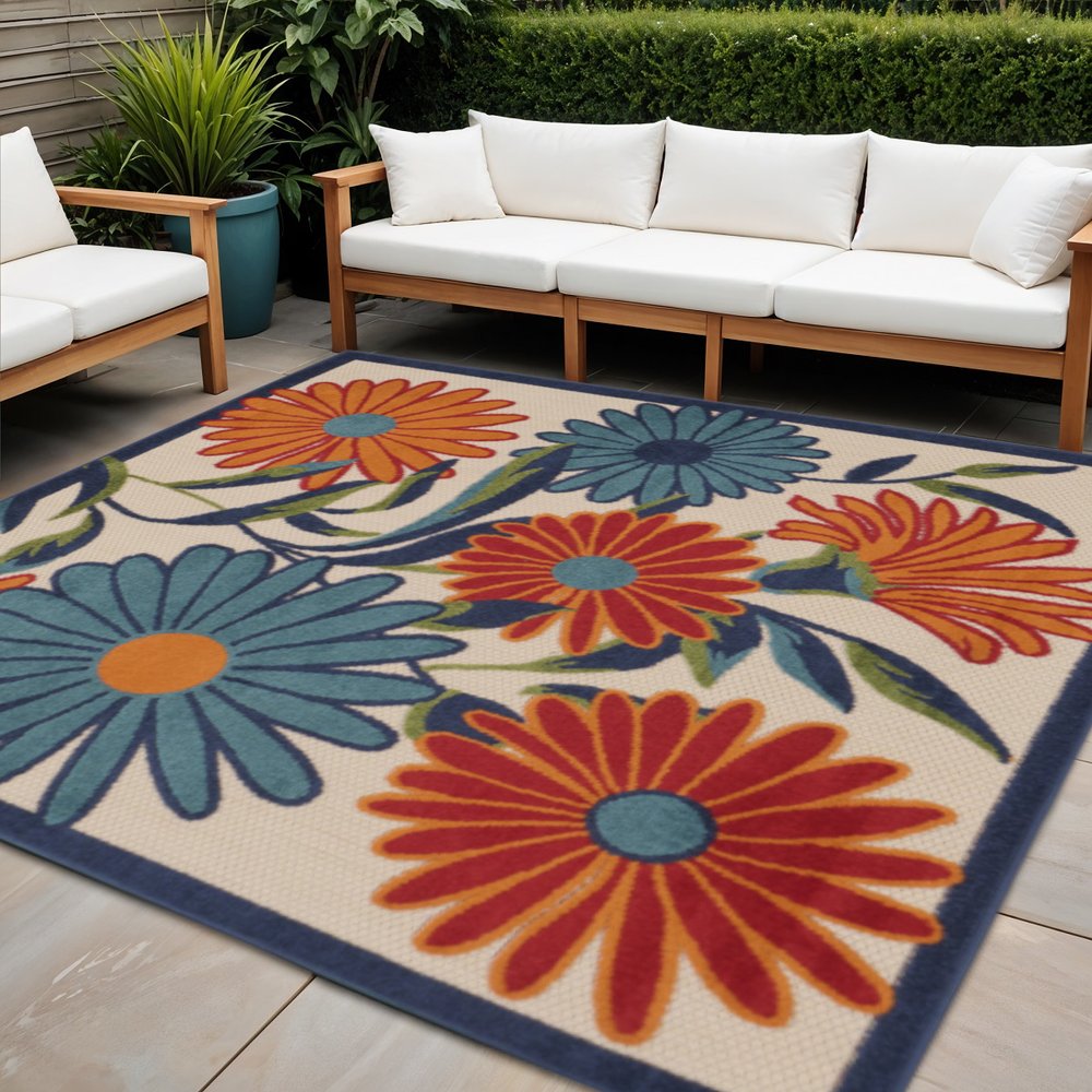 5' Ivory Blue And Orange Square Floral Indoor Outdoor Area Rug — view 4
