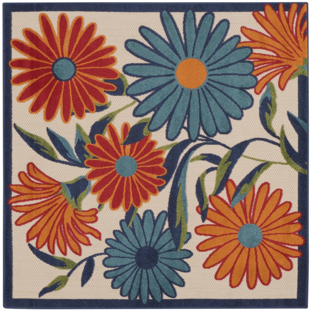 5' Ivory Blue And Orange Square Floral Indoor Outdoor Area Rug — view 8